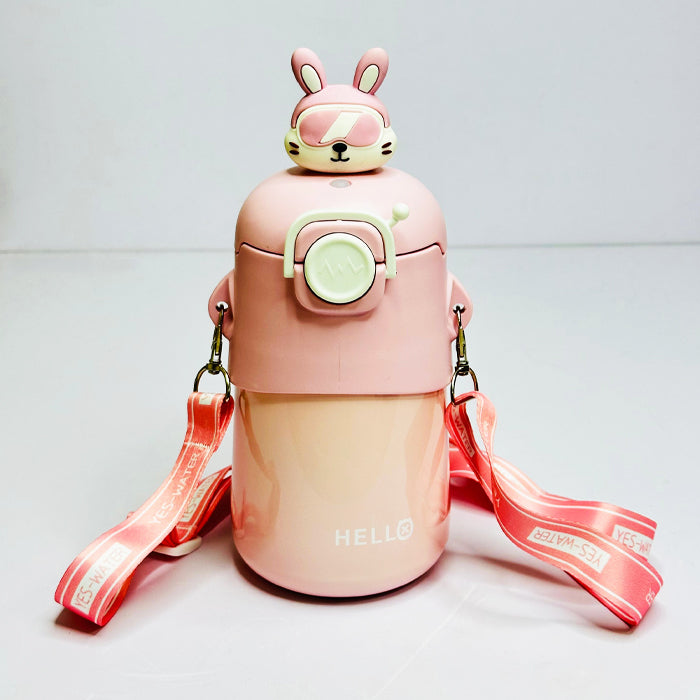 Personalized 500ml Bear Design Insulated Vacuum Cup Bottle – Kids Sipper with Silicone Straw, Strap - M0033