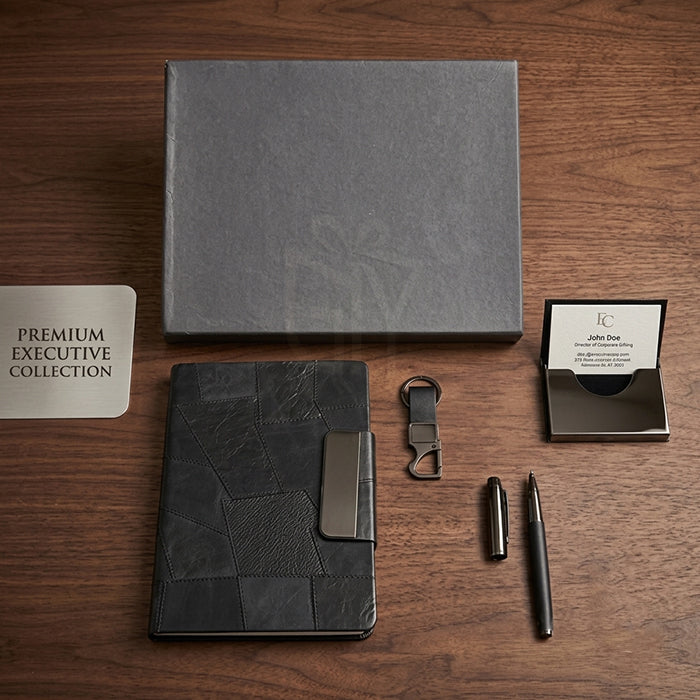 Personalized Black 4-in-1 Executive Gift Set with premium diary, metal pen, card holder & keychain. Ideal for employees, clients, managers, welcome kits, conferences, corporate events and bulk business gifting. MP4919