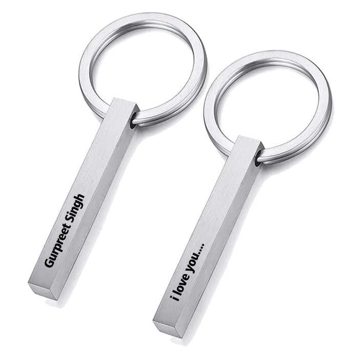 Customized 3D Stainless Steel Vertical Bar Keychain – Personalized 4-Side Engraved Gift for Men, Women & Couples