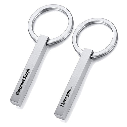 Customized 3D Stainless Steel Vertical Bar Keychain – Personalized 4-Side Engraved Gift for Men, Women & Couples