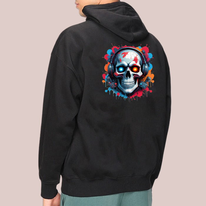 Men's Black Hoodie with Colorful Skull Headphones Graphic Design