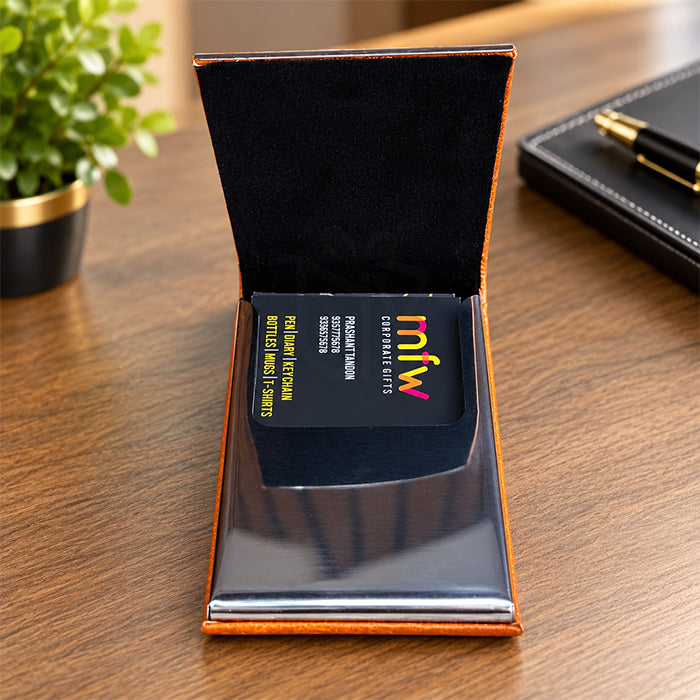 Personalized Premium Textured PU Leather & Stainless Steel Business Card Holder – Luxury Visiting Card Case with Elegant Brushed Silver Metal Accent | Customized Executive Corporate Gift - M1119