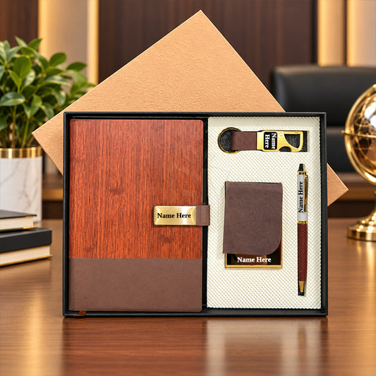 Personalized Brown & Gold 4-in-1 Luxury Executive Corporate Gift Set – Premium Diary, Metal Pen, Business Card Holder & Hook Keychain | Customized Business Gifts - MD162