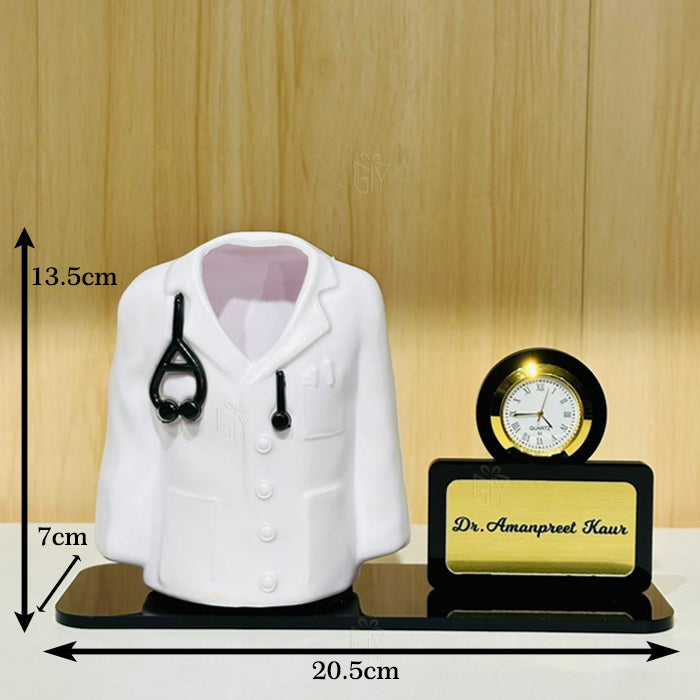 Name Personalized Doctor Shape Pen Stand With Clock, For Office