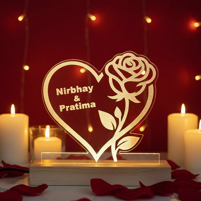 Personalized Heart Love Rose Acrylic Lamp with Custom Name – Romantic Couple Table Light for Birthday, Anniversary, Wedding & Valentine’s Day Gifts (size 15x14.5x4.5cm)