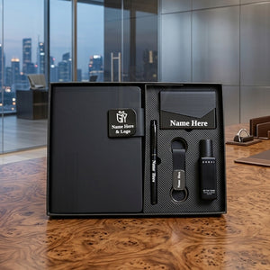 Personalized Black 5-in-1 Premium Executive Corporate Gift Set with Customized Diary, Metal Pen, Card Holder, Keychain & Pocket Perfume | Gift for Employees, Clients, Executives, Welcome Kits, Corporate Events, Diwali & Bulk Gifting – MP5502