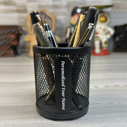 Custom Name Round Wiro Tumbler with Phone Stand, Pen Tray & Desk Organizer – Black (E340)