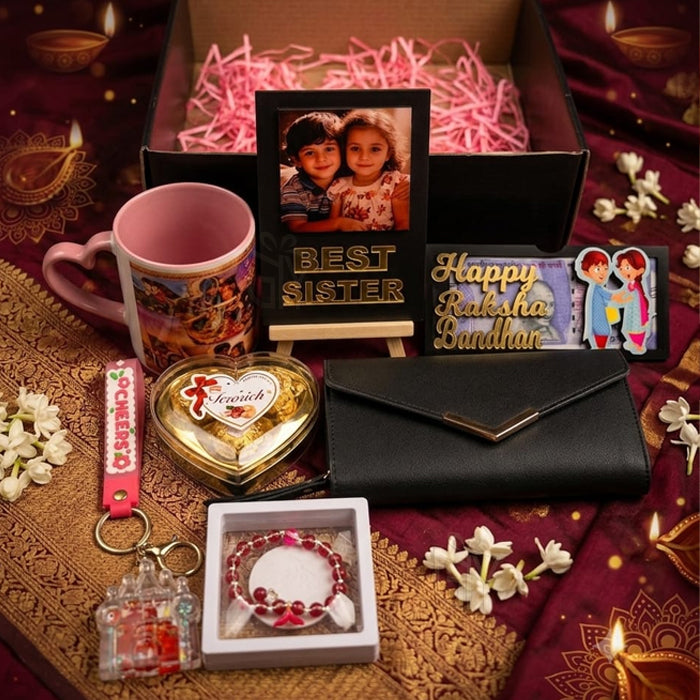 Personalized Raksha Bandhan Hamper for Sister with Customized Rakhi Gift Box, Premium Festive Gifts, and Sweet Surprise R003