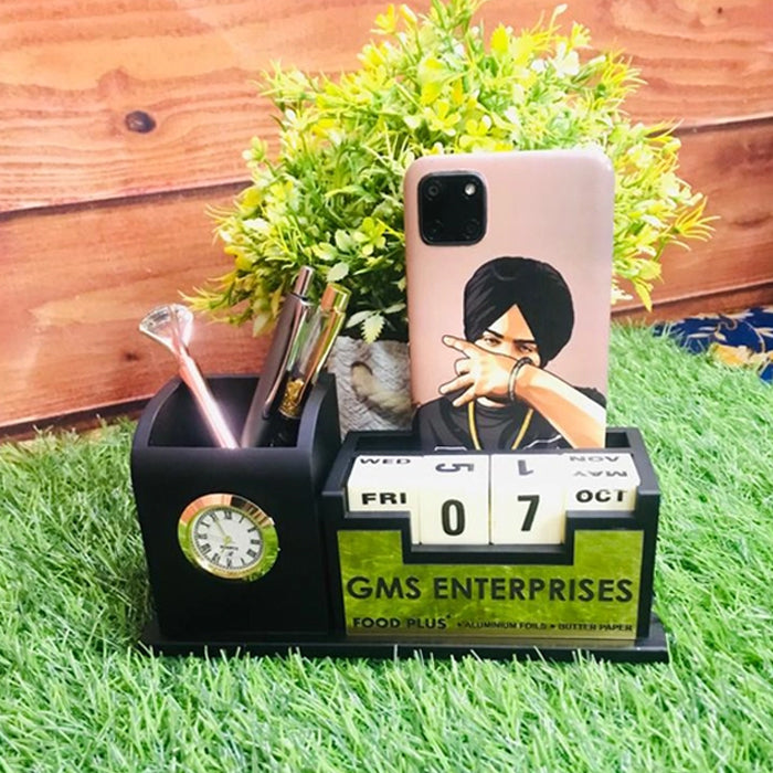 Personalized Wooden Desk Nameplate with Organizer – Black & Gold | Custom Office Table Nameplate with Calendar, Watch, Pen & Phone Holder (M11216)