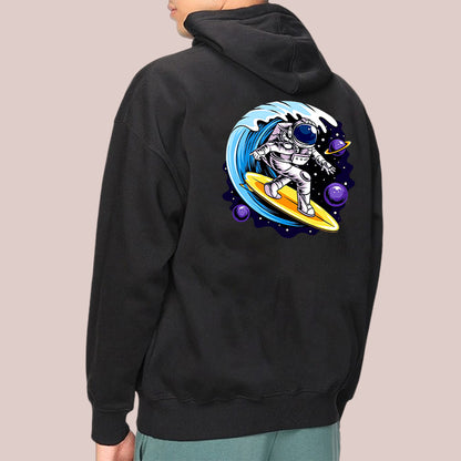 Men's Black Hoodie with Astronauts Surf On A Surfboard In Space