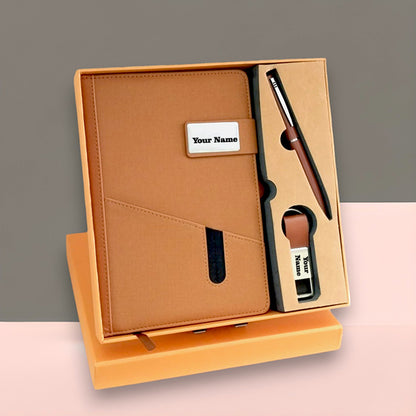 Personalized 3 in 1 Notebook Diary with Pen set and Metal Keychain - Brown M913