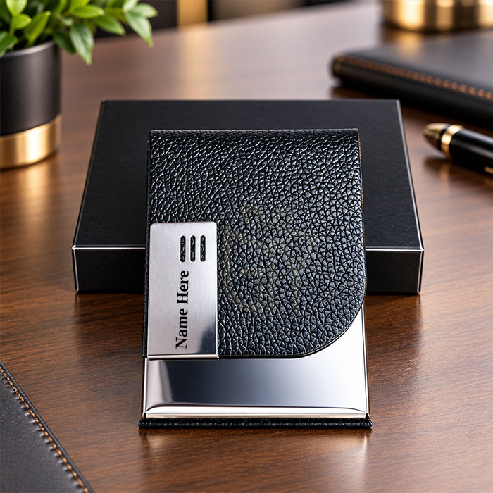 Personalized Luxury Black Textured PU Leather & Chrome Business Card Holder – Premium Stainless Steel Visiting Card Case with Stylish Metal Accent | Customized Executive Corporate Gift - M9111