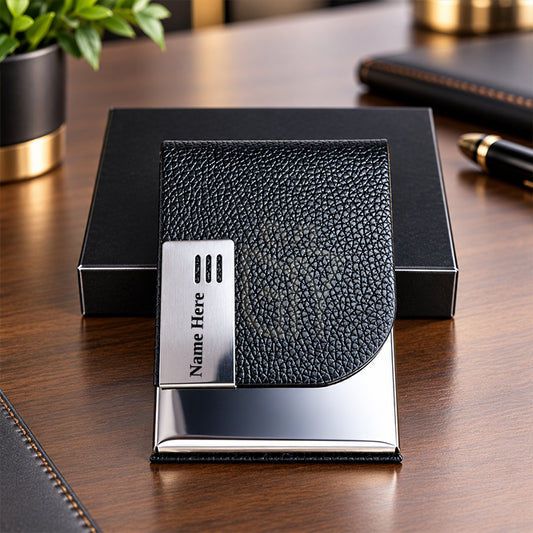 Personalized Luxury Black Textured PU Leather & Chrome Business Card Holder – Premium Stainless Steel Visiting Card Case with Stylish Metal Accent | Customized Executive Corporate Gift - M9111
