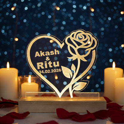 Personalized Heart Love Rose Acrylic Lamp with Custom Name – Romantic Couple Table Light for Birthday, Anniversary, Wedding & Valentine’s Day Gifts (size 15x14.5x4.5cm)
