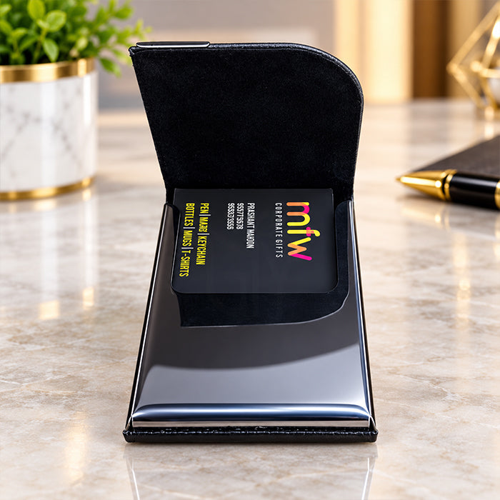 Personalized Luxury Black Textured PU Leather & Chrome Business Card Holder – Premium Stainless Steel Visiting Card Case with Stylish Metal Accent | Customized Executive Corporate Gift - M9111