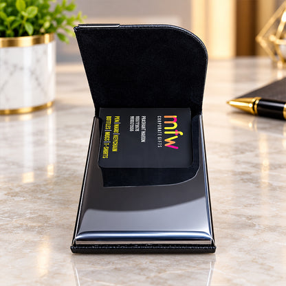 Personalized Luxury Black Textured PU Leather & Chrome Business Card Holder – Premium Stainless Steel Visiting Card Case with Stylish Metal Accent | Customized Executive Corporate Gift - M9111