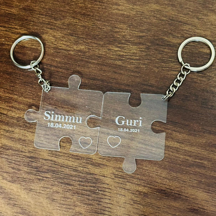Personalized Puzzle Couple Keychain Set – Transparent Acrylic Custom Name Key Chain | Romantic Gift for Husband, Wife, Boyfriend, Girlfriend, Anniversary & Valentine’s Day