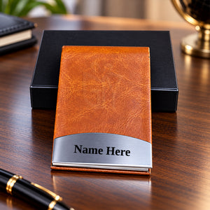 Personalized Premium Textured PU Leather & Stainless Steel Business Card Holder – Luxury Visiting Card Case with Elegant Brushed Silver Metal Accent | Customized Executive Corporate Gift - M1119