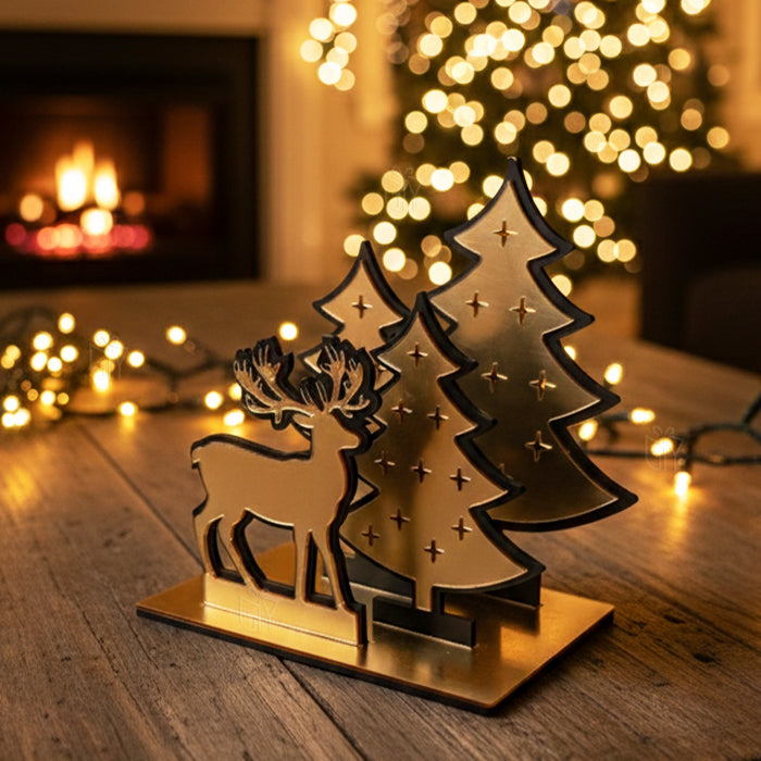 Premium Golden Acrylic Christmas Tree & Deer Table Decoration – Perfect Festive Home Décor for Christmas Party, Office Desk & Living Room (size 15x14x8.5 cm)