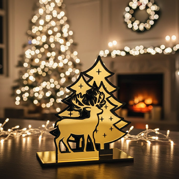 Premium Golden Acrylic Christmas Tree & Deer Table Decoration – Perfect Festive Home Décor for Christmas Party, Office Desk & Living Room (size 15x14x8.5 cm)