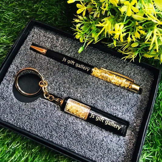 Personalized Black Golden Zari Pen and Keyring Combo - Mio Lusso Set