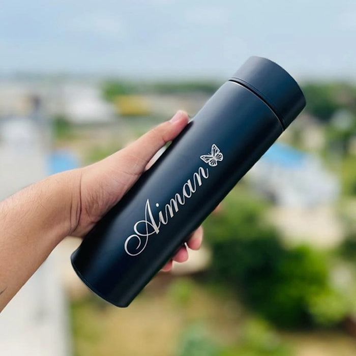 Personalized Black Stainless Steel Sports Bottle | LED Temperature Display | Double-Wall Vacuum Insulated | 500ml | 24H Hot & Cold