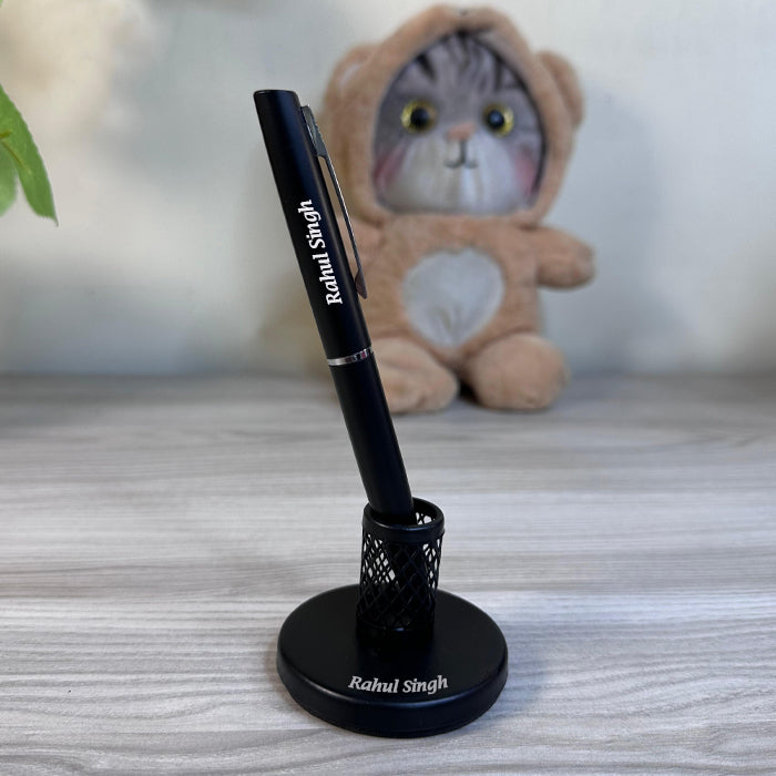 Custom Engraved Black Metal Magnetic Pen Stand – Office Desk Organizer (E375)