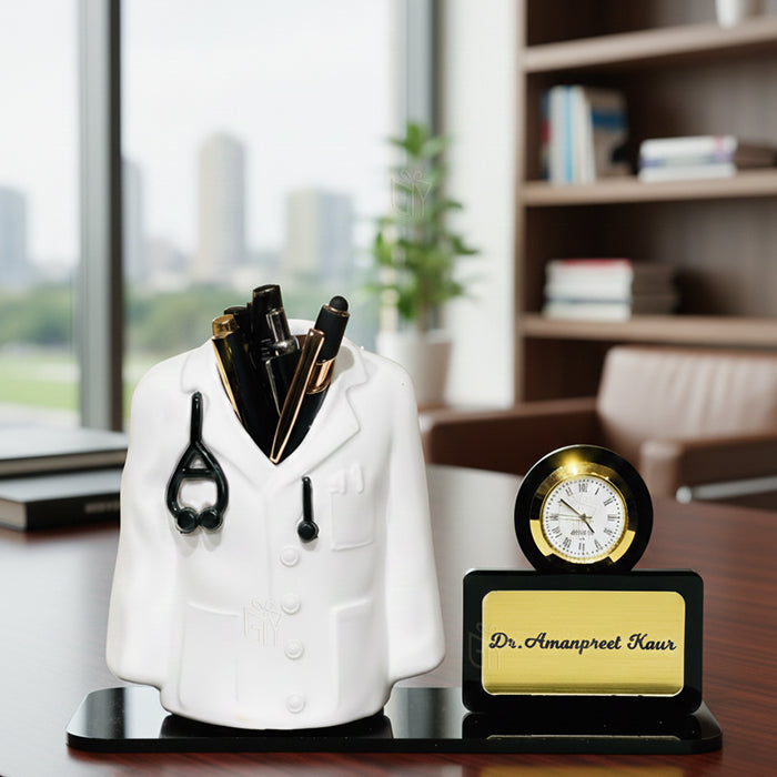 Name Personalized Doctor Shape Pen Stand With Clock, For Office