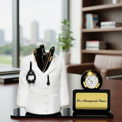 Name Personalized Doctor Shape Pen Stand With Clock, For Office
