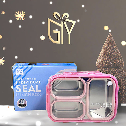Personalized Stainless Steel Tiffin Lunch Box – 3 Compartment Bento Box with Name Engraving (Pink)