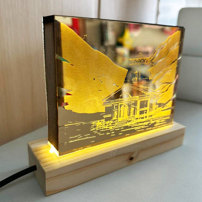 Shree Kedarnath Mandir Golden Acrylic Temple with Wooden Frame & LED Light – Divine Spiritual Table Decor for Home, Office, Puja Room & Gifting