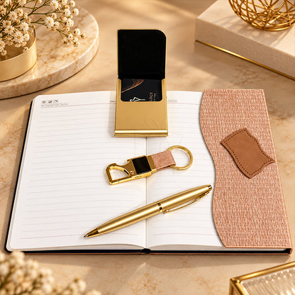 Luxury Rose Gold 4-in-1 Corporate Gift Set with Diary, Pen, Card Holder & Keychain | Personalized Executive Gift Collection - MD740
