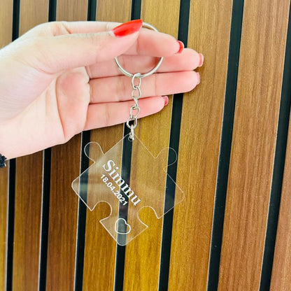 Personalized Puzzle Couple Keychain Set – Transparent Acrylic Custom Name Key Chain | Romantic Gift for Husband, Wife, Boyfriend, Girlfriend, Anniversary & Valentine’s Day