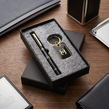 Customized Premium Black & Gold Pen-Keychain Gift Set Elegant Corporate Gifting Solution