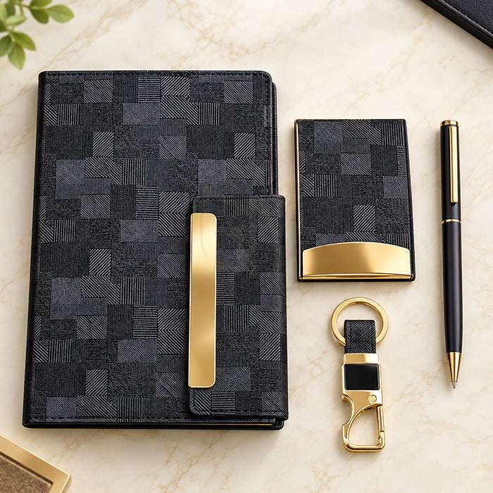 Personalized Black & Gold 4-in-1 Premium Executive Gift Set with Diary, Metal Pen, Card Holder & Keychain | Corporate Gift for Employees, Clients, Managers, Welcome Kits, Conferences, Events & Bulk Gifting – MP4923