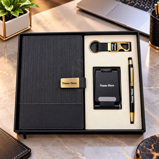 Personalized Black & Gold 4-in-1 Premium Executive Corporate Gift Set – Luxury Diary, Metal Pen, Mobile Phone Stand & Hook Keychain | Customized Business Gifts - MD760