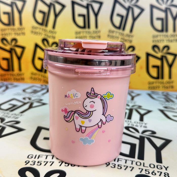 Custom Engraving Sealed Cup Water Bottle for Kids - 530ml Stainless Steel Sipper With Straw & Spoon