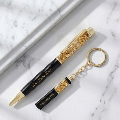 Personalized Black Golden Zari Pen and Keyring Combo - Mio Lusso Set
