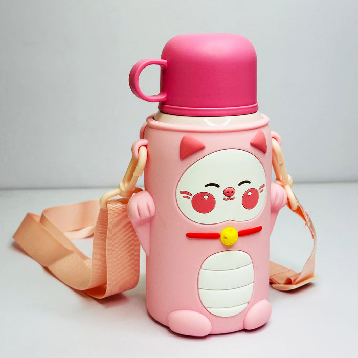 Personalized 500ml Animal Theme Stainless Steel Water Bottle with Extra Cover – Soft Silicone Spout, Broad Strap & Dual Sipping Caps with Cup - M0022