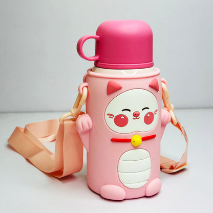Personalized 500ml Animal Theme Stainless Steel Water Bottle with Extra Cover – Soft Silicone Spout, Broad Strap & Dual Sipping Caps with Cup - M0022