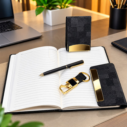 Personalized Black & Gold 4-in-1 Premium Executive Gift Set with Diary, Metal Pen, Card Holder & Keychain | Corporate Gift for Employees, Clients, Managers, Welcome Kits, Conferences, Events & Bulk Gifting – MP4923