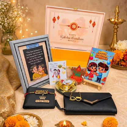 Customized Raksha Bandhan Hamper for Bhaiya and Bhabhi with Personalized Rakhi Gift Box, Premium Gifts, and Sweet Surprise R002