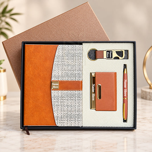 Personalized Tan & Gold 4-in-1 Premium Executive Corporate Gift Set – Luxury Diary, Metal Pen, Card Holder & Hook Keychain | Customized Business Gifts – MD159