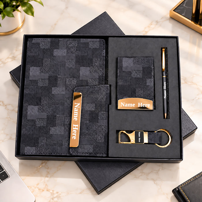Personalized Black & Gold 4-in-1 Premium Executive Gift Set with Diary, Metal Pen, Card Holder & Keychain | Corporate Gift for Employees, Clients, Managers, Welcome Kits, Conferences, Events & Bulk Gifting – MP4923