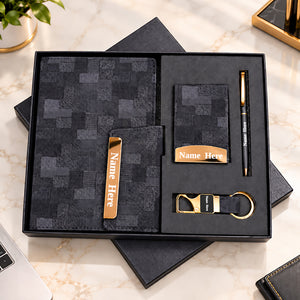 Personalized Black & Gold 4-in-1 Premium Executive Gift Set with Diary, Metal Pen, Card Holder & Keychain | Corporate Gift for Employees, Clients, Managers, Welcome Kits, Conferences, Events & Bulk Gifting – MP4923