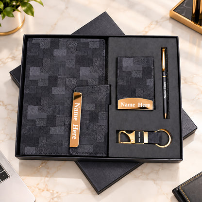 Personalized Black & Gold 4-in-1 Premium Executive Gift Set with Diary, Metal Pen, Card Holder & Keychain | Corporate Gift for Employees, Clients, Managers, Welcome Kits, Conferences, Events & Bulk Gifting – MP4923