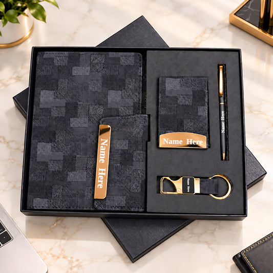 Personalized Black & Gold 4-in-1 Premium Executive Gift Set with Diary, Metal Pen, Card Holder & Keychain | Corporate Gift for Employees, Clients, Managers, Welcome Kits, Conferences, Events & Bulk Gifting – MP4923