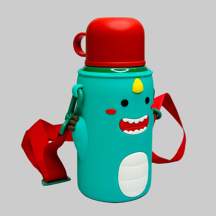 Personalized 500ml Animal Theme Stainless Steel Water Bottle with Extra Cover – Soft Silicone Spout, Broad Strap & Dual Sipping Caps with Cup - M0022