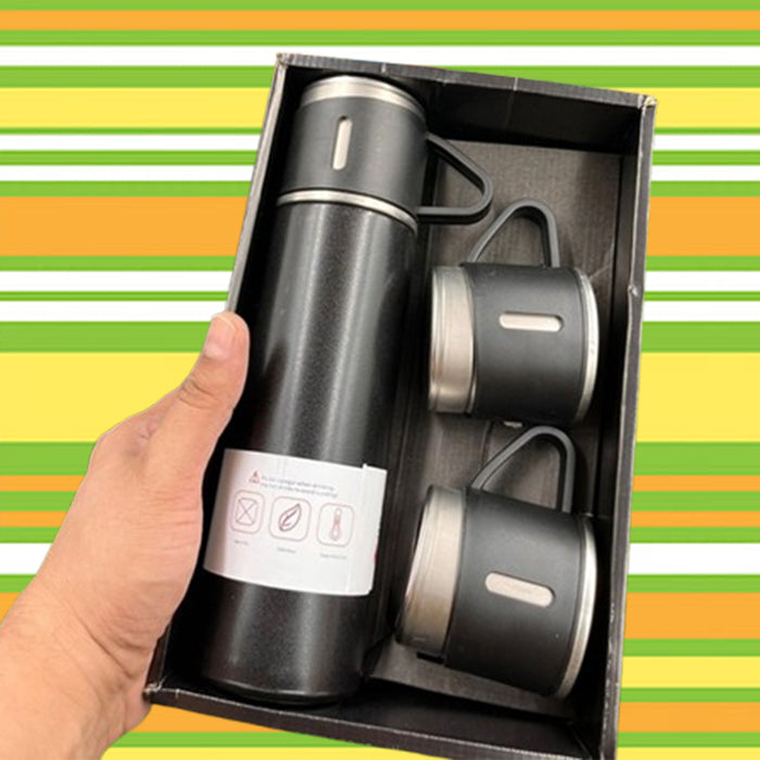 Customized 500ml Vacuum Flask Set Black - One Bottle, Three Mugs (M409)