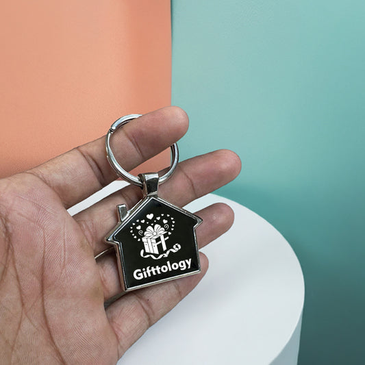 Personalized Home-Shaped Metal Keychain – Black Finish, Dual-Side Laser Engraved | MJ126 (Pack of 1)